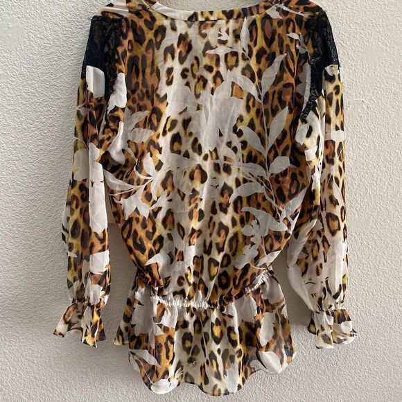 Boston Proper Stamped Jungle Blouse Shirt Top Long Sleeve Sheer Elastic Waist 6 - Picture 3 of 3